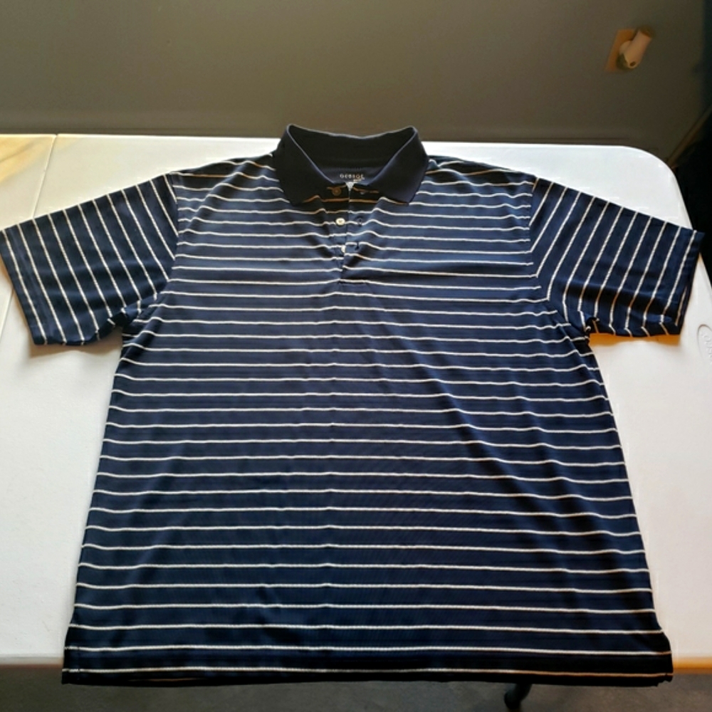 Navy blue with tan stripe 3 button polo